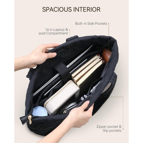 Prite Women Black Polyester Compartment Quilted Puffer Shoulder Tote Work Bag - Picture 3 of 7